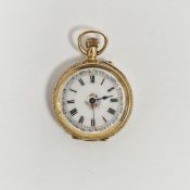 Lady's 18ct gold cased fob watch, the circular enamel dial with Roman numerals denoting hours,