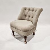 Grey dralon button upholstered bedroom chair with curved back and turned supports