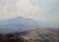 F J Widgery  Gouache drawing Moorland landscape with mountains in distance, signed lower left,