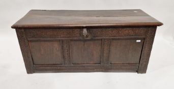 Antique oak coffer with triple panel front and lunette carved frieze, 56cm high x 135cm wide x