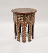 Middle Eastern inlaid occasional table with lacquered top, mother-of-pearl inlay, 50cm high x 40cm
