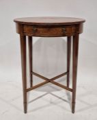 Sheraton-style amboyna and mahogany occasional table, oval, the top cross-banded in rosewood, with