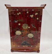 Pair reproduction Chinese lacquer side cabinets having pair panel doors, allover decorated to red