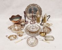 Quantity of plated ware and metalware to include pair of candlesticks, trays, gravy boats, etc