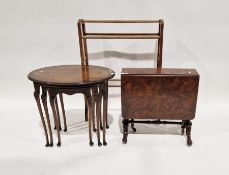 Burr walnut Sutherland table on carved supports and castors, a reproduction burr walnut nest of