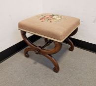 19th century X-frame stool, square with upholstered rose seat, 44cm wide