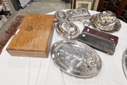 Silver-plated tray, a horn-handled carving set, three various lidded entree dishes, quantity EPNS