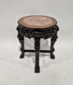Chinese carved circular occasional table with marble inset top, united by cross stretchers, 56.5cm