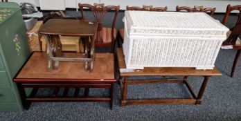Modern stained wood tile-top coffee table, rectangular, two Ercol dark elm nesting occasional