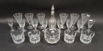 Assorted cut glass table wares to include four large lens cut whisky tumblers with star-cut bases,