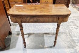 19th century mahogany, oak and ebony inlaid foldover card table, the mahogany top raised on turned