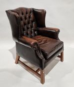 Pair of Georgian-style reproduction brown leatherette wing back armchairs on straight square