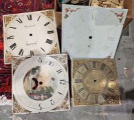 Box of clock parts and spares to include two longcase clock faces, springs, pulleys, etc (1 box)