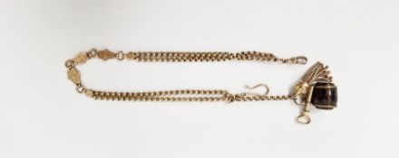 9ct gold albert chain, with metal bounded barrel pendant and key, 29g approx. in total