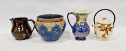 Royal Doulton stoneware jardiniere, globular, scroll moulded, impressed with flowers and enriched