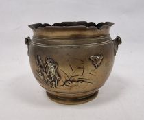 Japanese bronze jardiniere, bulbous and embossed bird on branch, 18cm diameter