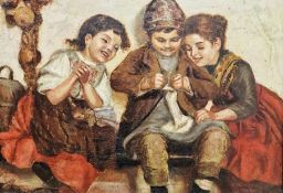 Dutch School  Oil on canvas Children darning Unsigned  27.5cm x 39.5cm