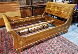 Kingsize 20th century birchwood and inlaid sleigh bed with inlaid marble geometric decoration to the