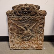 Antique cast iron fire back depicting phoenix rising from flames, 59cm x 47cm