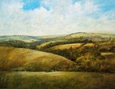 Ken Hildrew (British b.1934) Oil on paper 'View of Exmoor with sheep on hillside', signed lower