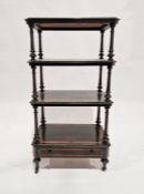 19th century ebonised wooden four-tier whatnot of rectangular form, decorated with burr walnut inlay