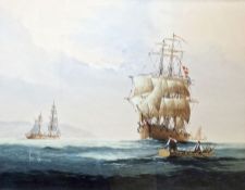 Ken Hammond (British b.1948) Watercolour and Gouache Tall masted ships off the coast, signed lower