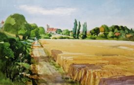 David Phipps  Watercolour 'Cornfield at Stanton St. John', signed and labelled verso, 30cm x 46.5cm