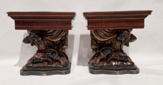 Pair of 19th century kneeling figure jardiniere stands, each having metal lined troughs to top, 71cm