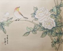 Pair of Japanese prints of a bird on branch heightened with bodycolour, framed and glazed, 23.5cm