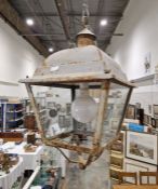 20th century painted metal French hanging lantern, with three glazed panels