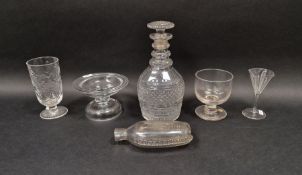 Group of 19th century glassware including a compressed flask with ribbed ornament, a Regency diamond