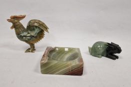 Chinese carved jade model cockerel, 15cm high, a similar black and green polished rabbit, 12cm