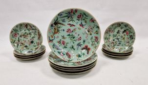 Set of five large and eight smaller Chinese Canton porcelain plates, enamelled with birds and