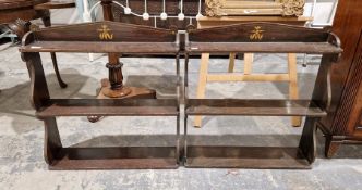 Pair of stained wooden wall-mounting display shelves, each having three shelves of graduating