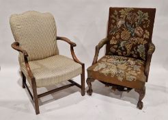Early 20th century upholstered armchair with floral and leaf needlework upholstery, on a mahogany