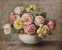 Marie D Clayton (19th/20th century school) Oil on canvas Still life of roses in a bowl, signed lower