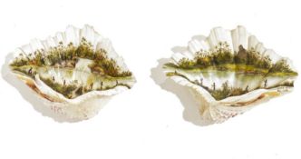 Pair of late 19th century Australian painted shells, artist's initials 'MG', depicting aboriginal