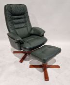 Dark green upholstered leatherette Stressless-style armchair, 100cm high with matching footstool (2)