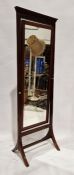Edwardian mahogany cheval mirror decorated with chequerboard-style marquetry inlay to borders and