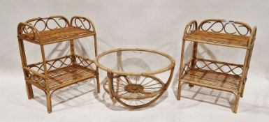 Selection of bamboo-effect conservatory furniture to include a pair of two-tier shelves, a coffee