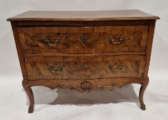 19th century continental walnut commode of serpentine form, having two long drawers each with two