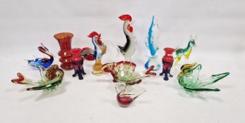 Pair of 1930's Bohemian red glass 'Tango' vases with applied blue glass trail and tripod feet,