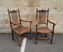 Pair of late 19th/early 20th century oak armchairs, each having carved barleytwist decoration to