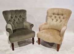 Two 20th century buttonback armchairs, both raised on turned front legs, largest 87cm high (2)