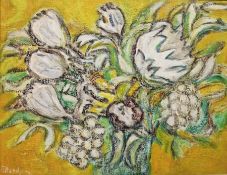 J. Handy?? (20th century school) Acrylic on board Still life of flowers in a vase, indistinctly