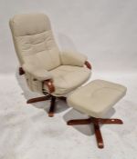 Cream leatherette upholstered Stressless-style armchair, 98cm high with matching footstool (2)