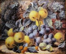 Oliver Clare (British, 1853-1927) Oil on board Still life with plums, peach and strawberry, signed