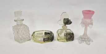 Art Deco cut and moulded green, black and clear glass scent bottle, probably by Robert Richter,