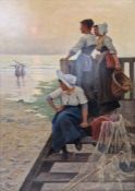 Auguste Besnou (French, 19th/20th century) Oil on canvas 'Sunset with Fisherwomen on Beach',