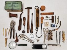 Quantity of woodworking tools, set of four silver-plated travelling whisky tots, a propelling